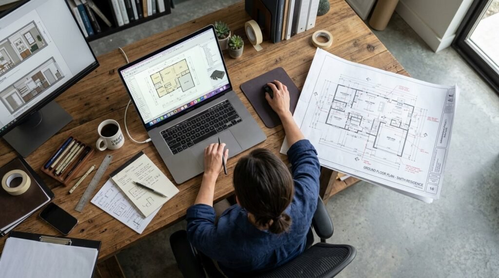 An interior designer working on a detailed floor plan layout on a large desk.
