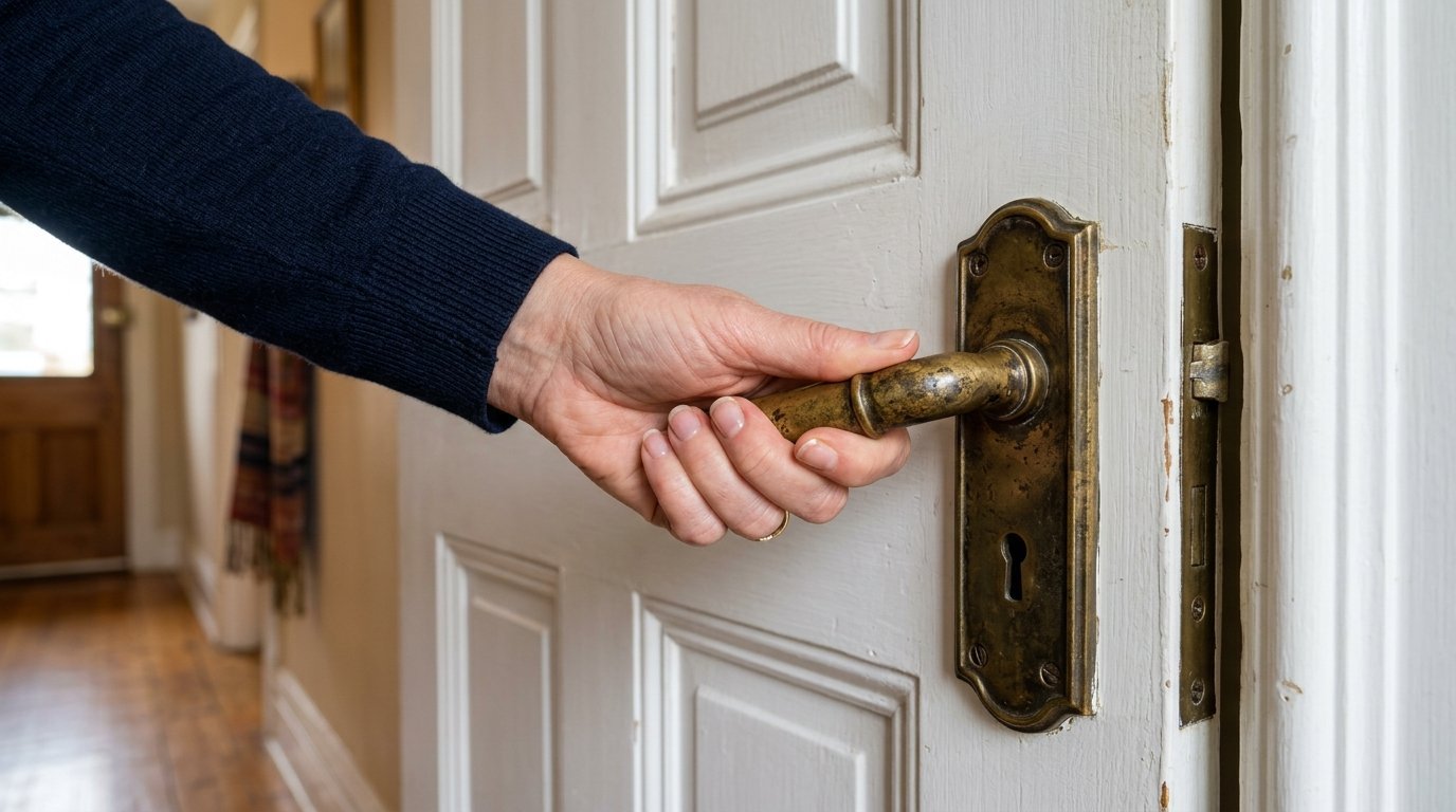 Close up of a hand gripping a tarnished brass lever handle on a white paneled interior wooden door.