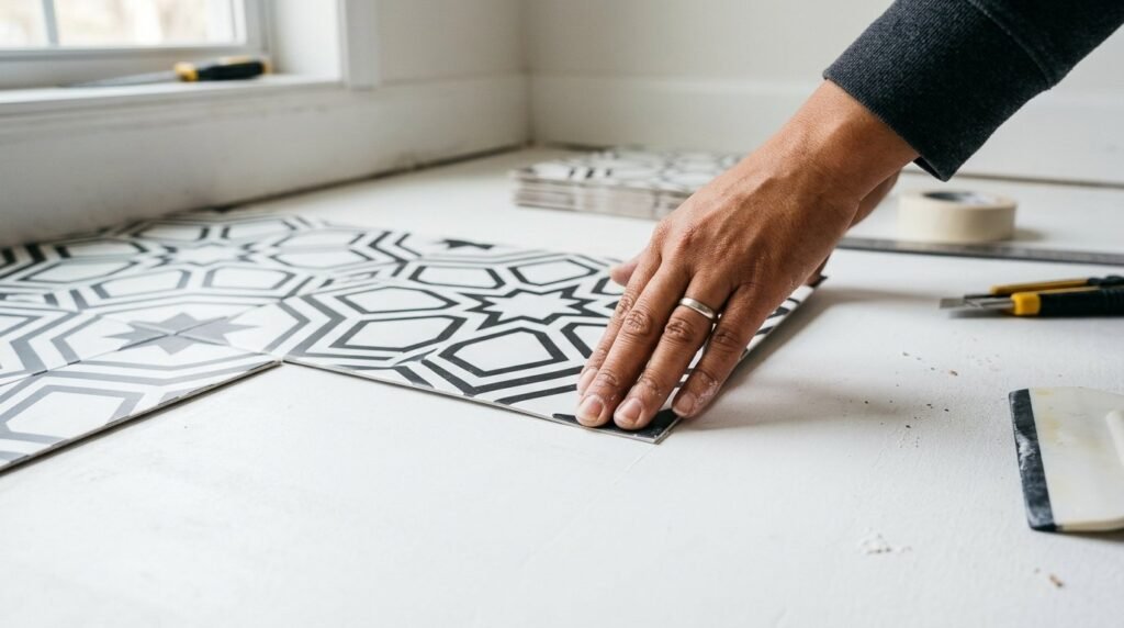 Close-up of a professional tiler pressing a ceramic tile into thinset adhesive during a home renovation.