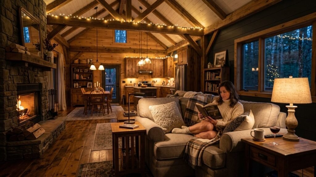 A person intently reading a book while sitting in a bright and quiet indoor setting.