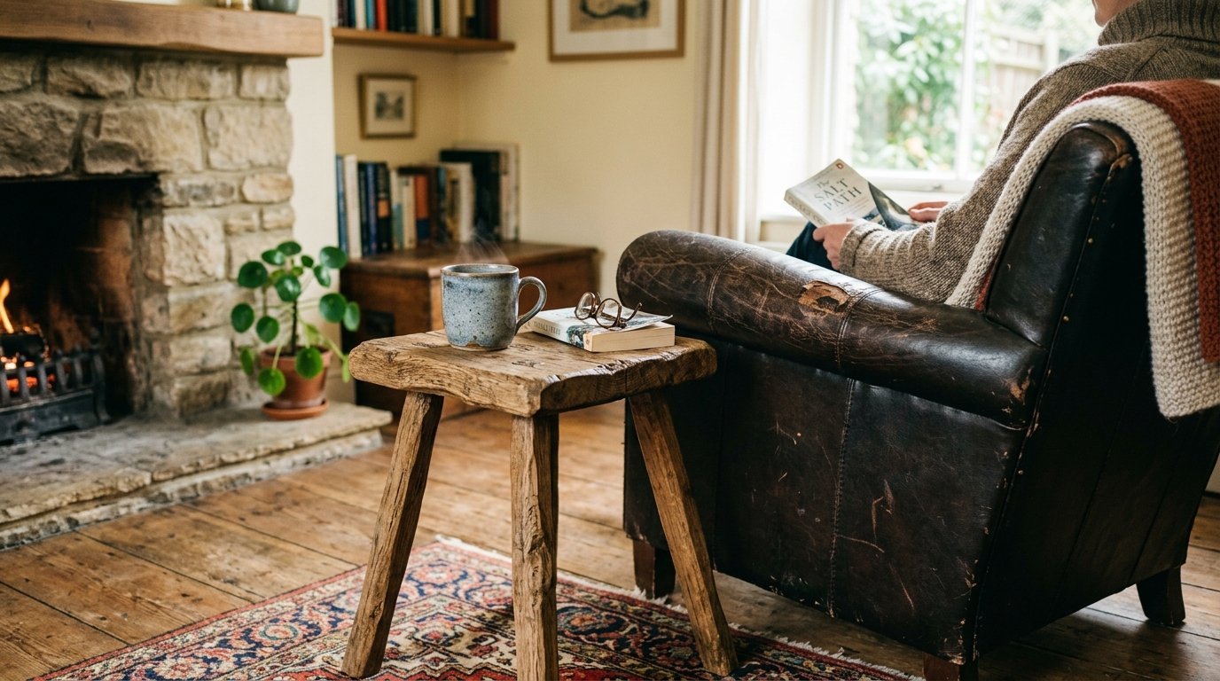 Close-up of a person reading The Salt Path in a worn brown leather chair beside a steaming mug and stone fireplace.