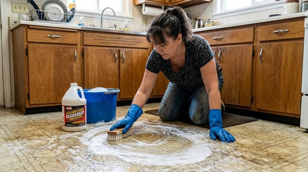 A person cleaning a kitchen counter with a scrub brush and soap.
