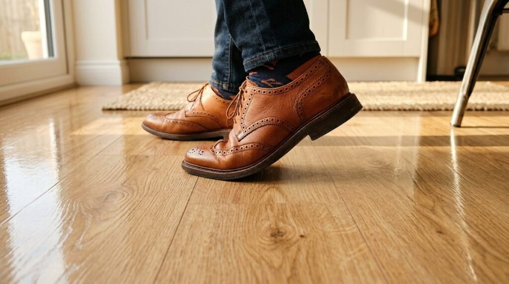 Close up view of stylish shoes stepping forward on a paved urban street surface.