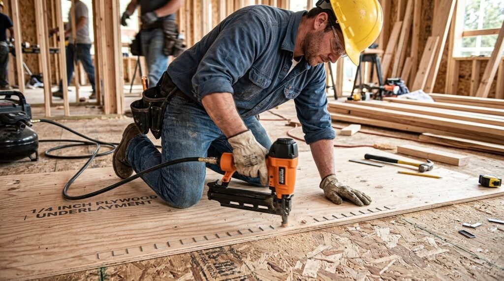 Close up of a professional person using a metal office stapler to secure stack of documents on a wooden desk.
