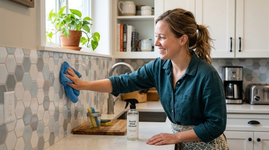 A person using a microfiber cloth to wipe a clean, smooth surface in a bright, modern room.
