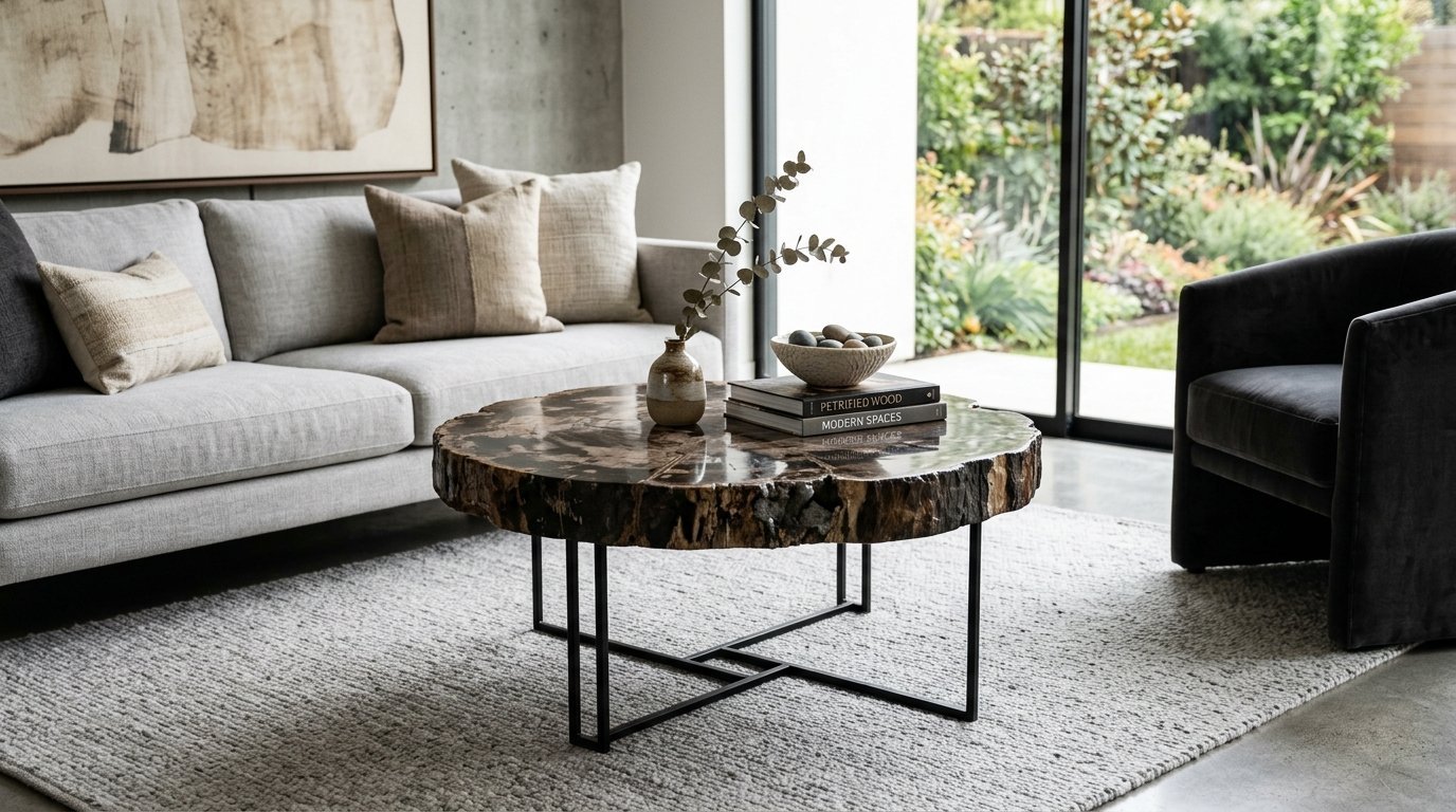 Round petrified wood coffee table with a metal base sitting on a textured grey area rug in a sunlit room.