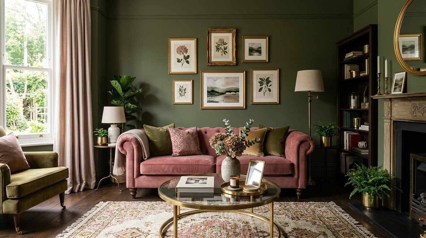 Pink tufted couch centered in a dark green living room with brass accents and a gallery wall of botanical art prints.