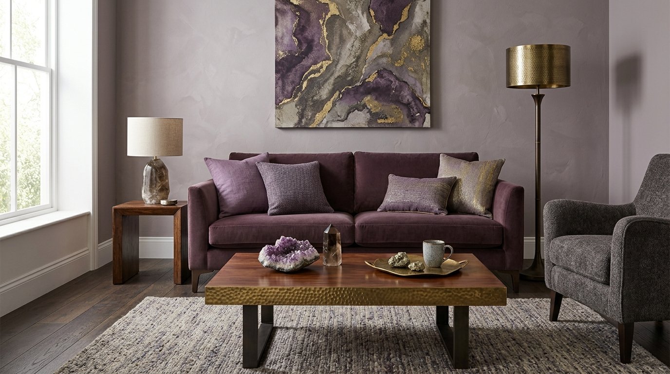 Plum velvet couch with accent pillows in a living room featuring a hammered metal coffee table and abstract artwork.