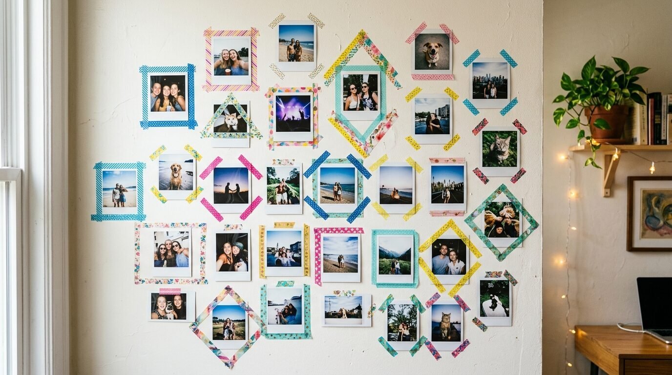Decorative wall display of many polaroid-style square photographs secured with colorful patterned washi tape.