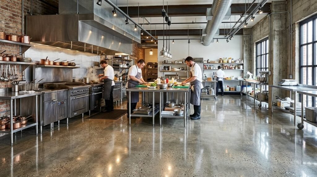 A smooth polished concrete floor with a high-gloss reflective finish in a modern interior.