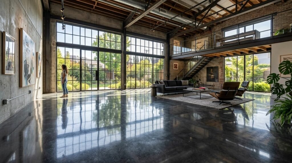 A close up view of a smooth polished concrete floor with a high gloss reflective finish.