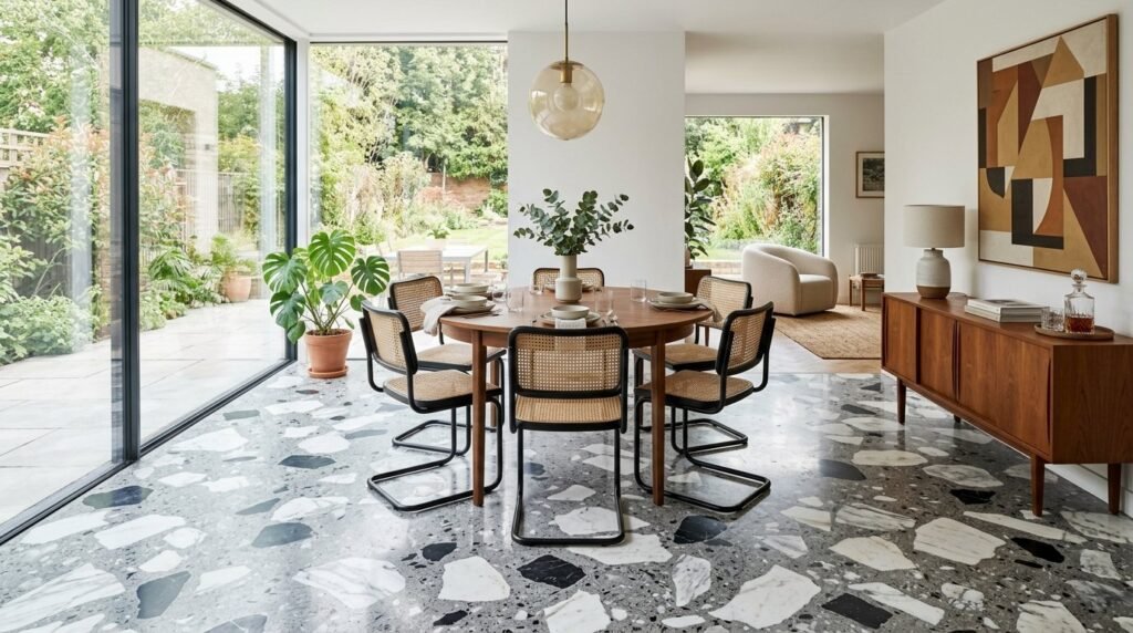 A close-up shot of a smooth and durable polished grey terrazzo floor with fine stone aggregate patterns.
