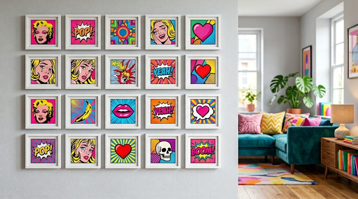 A symmetrical arrangement of twenty framed comic-style pop art images hanging on a light grey wall in a modern living room.