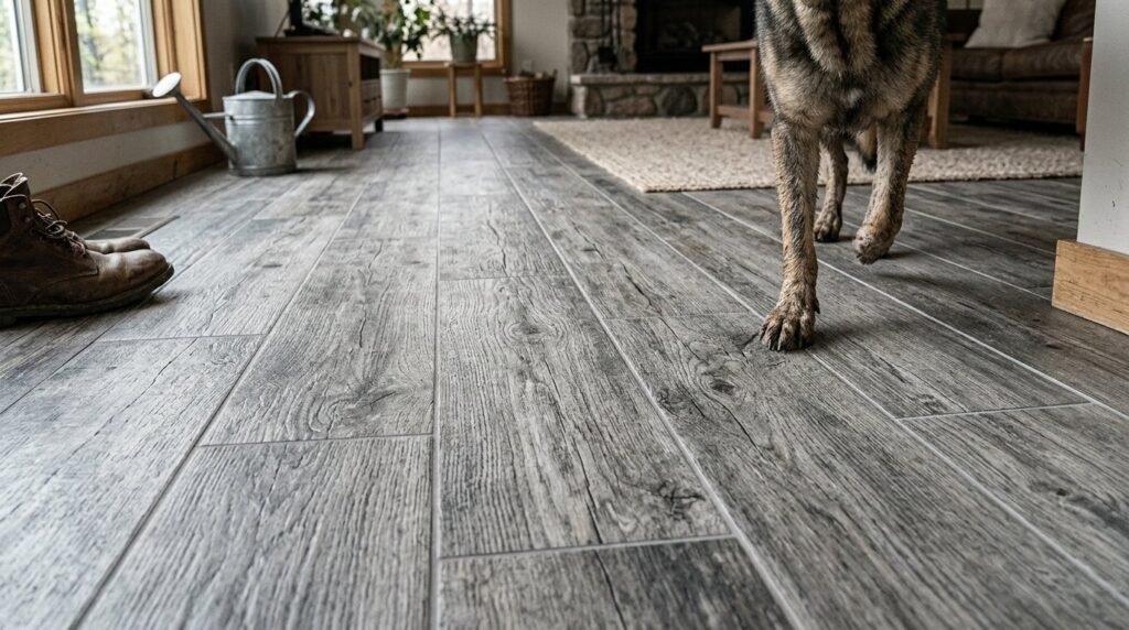 High quality porcelain planks featuring a realistic wood grain texture for elegant flooring.