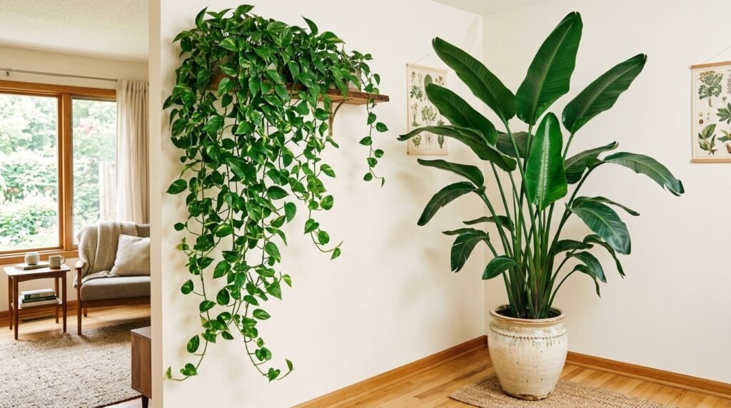 A small decorative bird figurine resting in the lush green foliage of a trailing pothos houseplant.