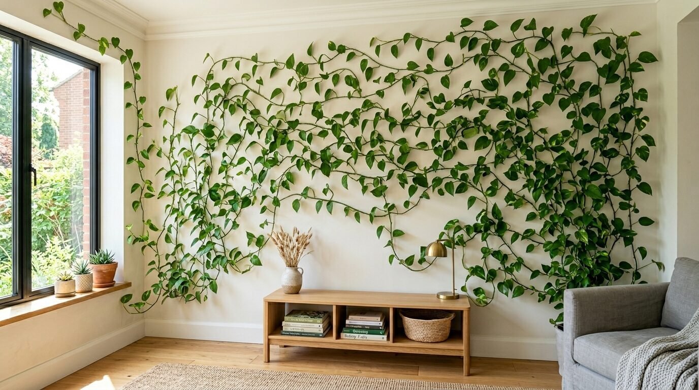 Long green pothos vines trained to grow in a decorative pattern on a white interior wall above a wooden console table.