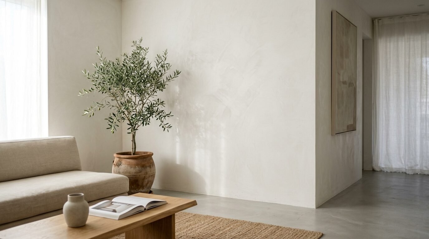 A potted olive tree stands beside a beige sofa in a sunlit room with textured white walls.