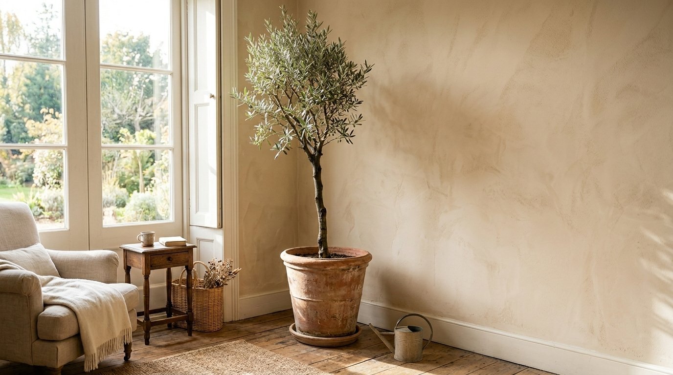 A small olive tree in a terracotta pot stands next to a cream armchair by a window in a sunny room.