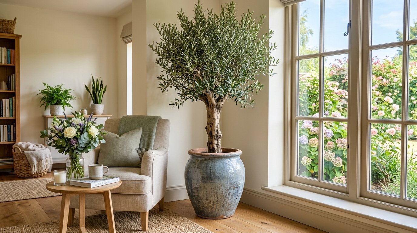 Potted olive tree standing beside a window with garden views in a cozy living room.