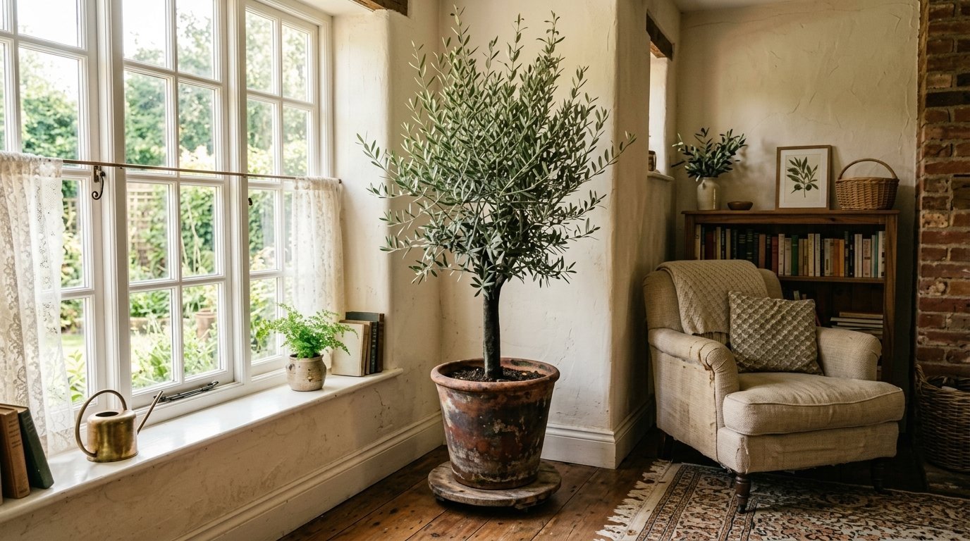 A large olive tree in a terracotta pot stands near a sunlit window and an armchair with a bookshelf in the corner.