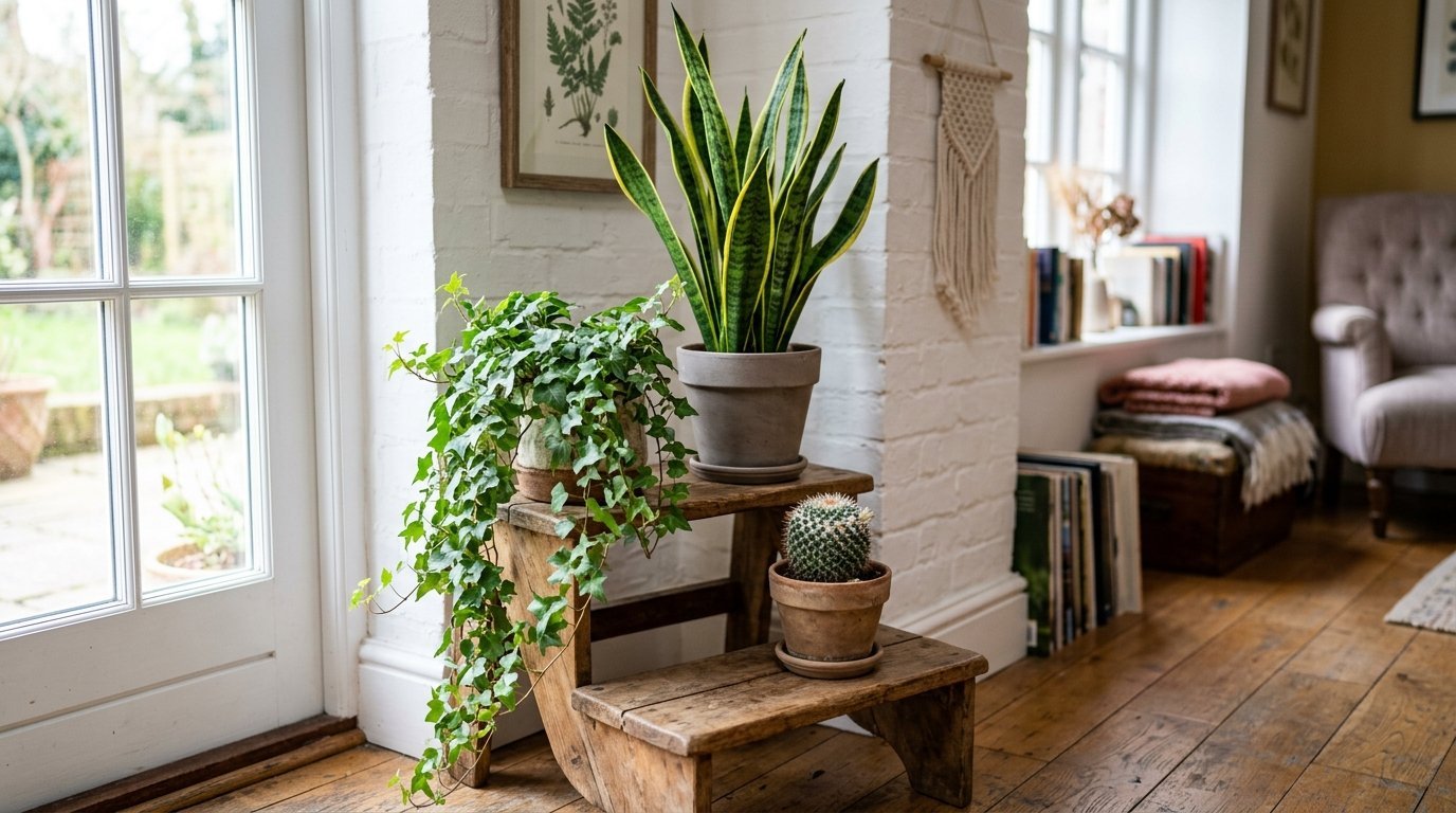 A trailing ivy, a snake plant, and a small cactus sitting on a vintage wooden stool in a sunlit room.