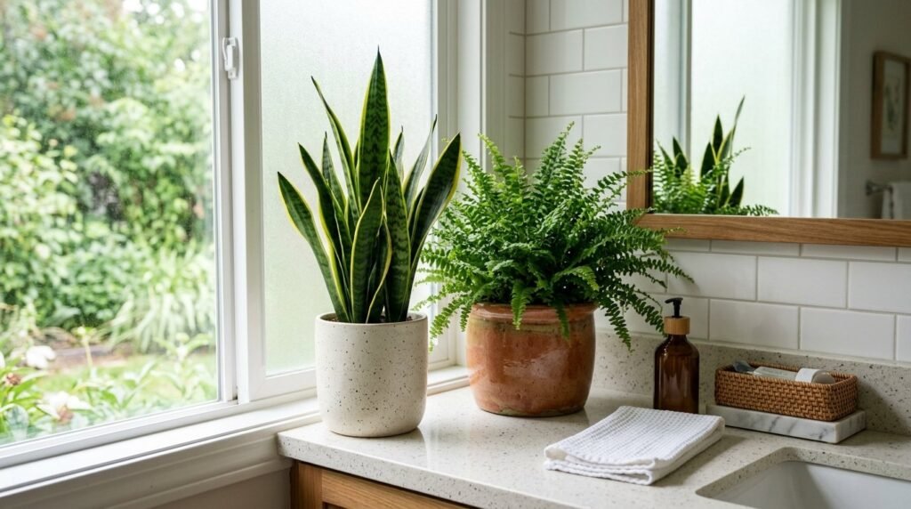 A vibrant potted Sansevieria snake plant placed in a modern living room setting.