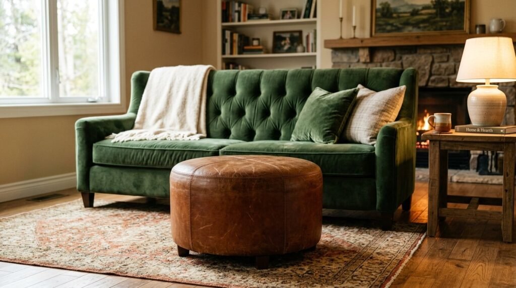 A stylish cognac leather ottoman featuring premium craftsmanship and detailed stitching in a modern interior.