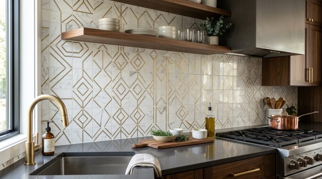 Close up view of luxurious polished white marble tiles with grey veining patterns.