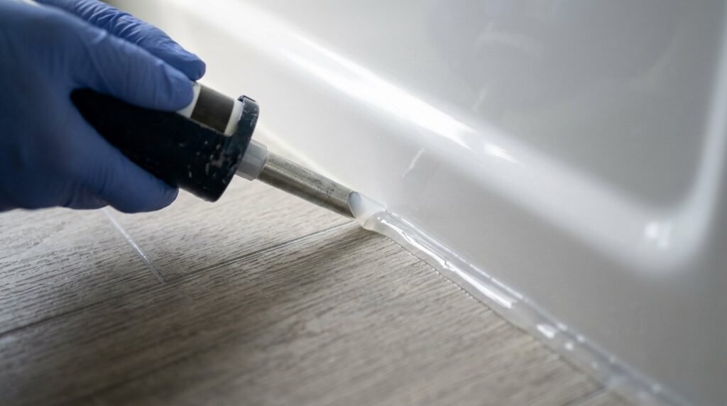 Close up of fresh white caulk applied neatly along a kitchen backsplash seam.