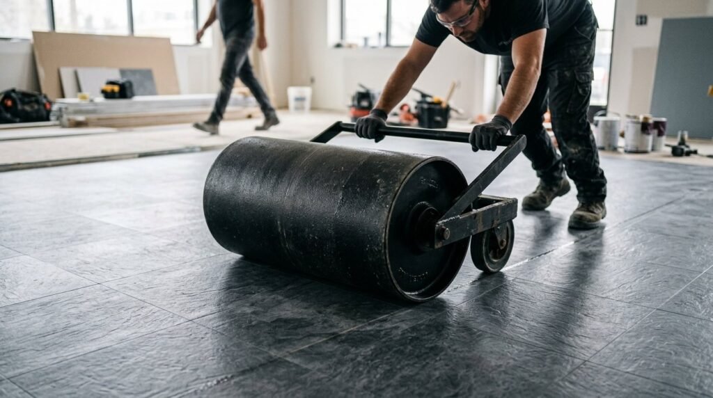 Close-up view of a professional floor roller tool being used to flatten new vinyl flooring.