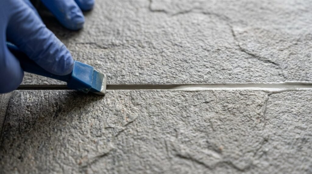 Close up view of a professional tool applying white grout between floor tiles.