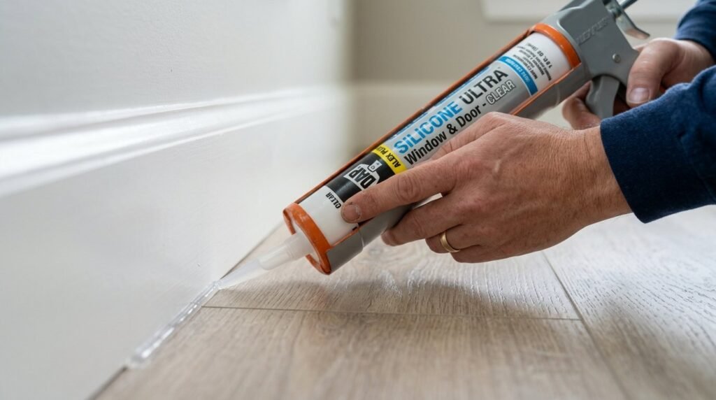 Close up of a professional hand using a caulk gun to apply smooth silicone sealant on a surface.