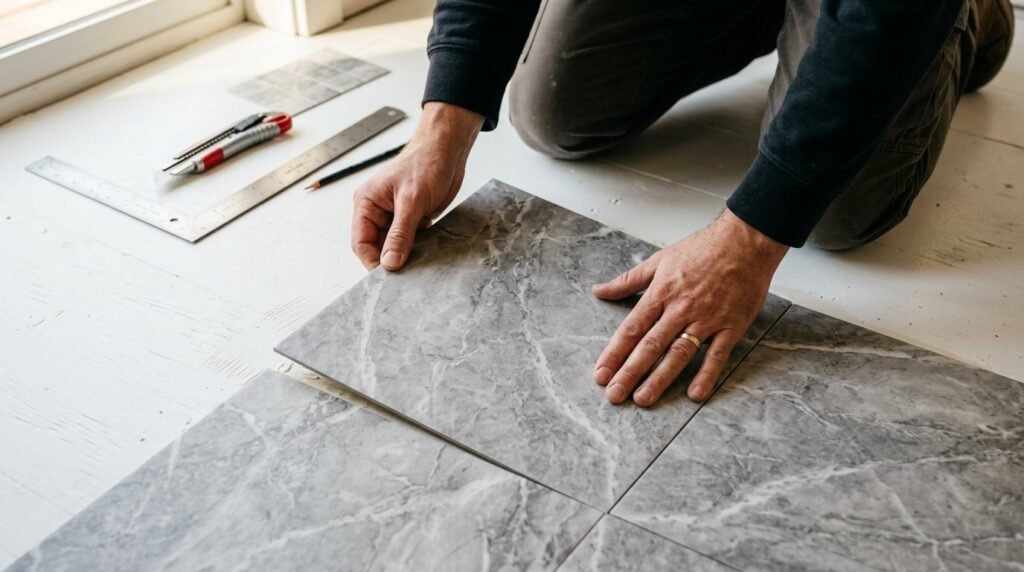 Close up of hands using tools to carefully install luxury vinyl plank flooring in a residential home.