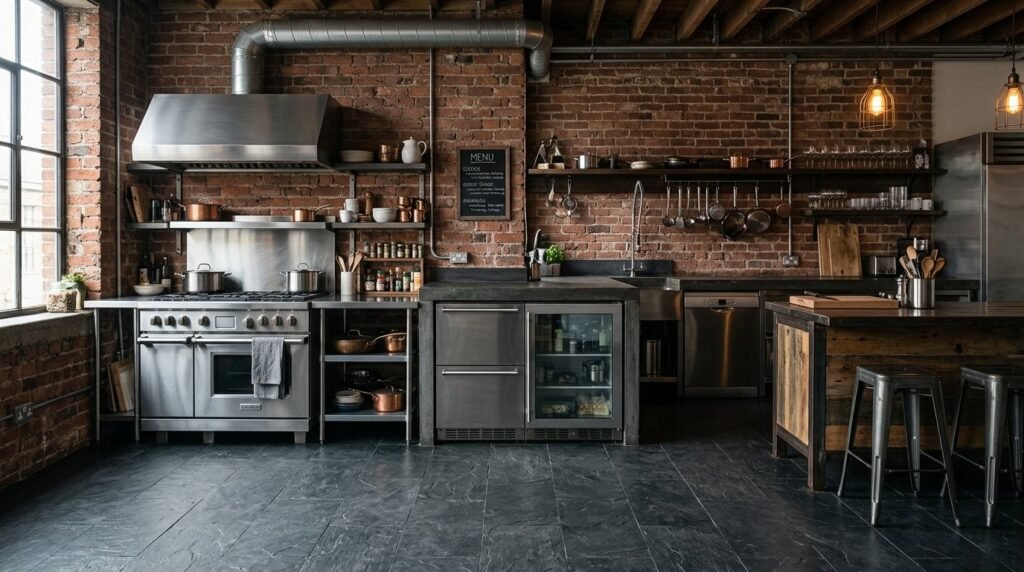 A wide angle view of a clean and organized professional industrial kitchen with stainless steel surfaces.