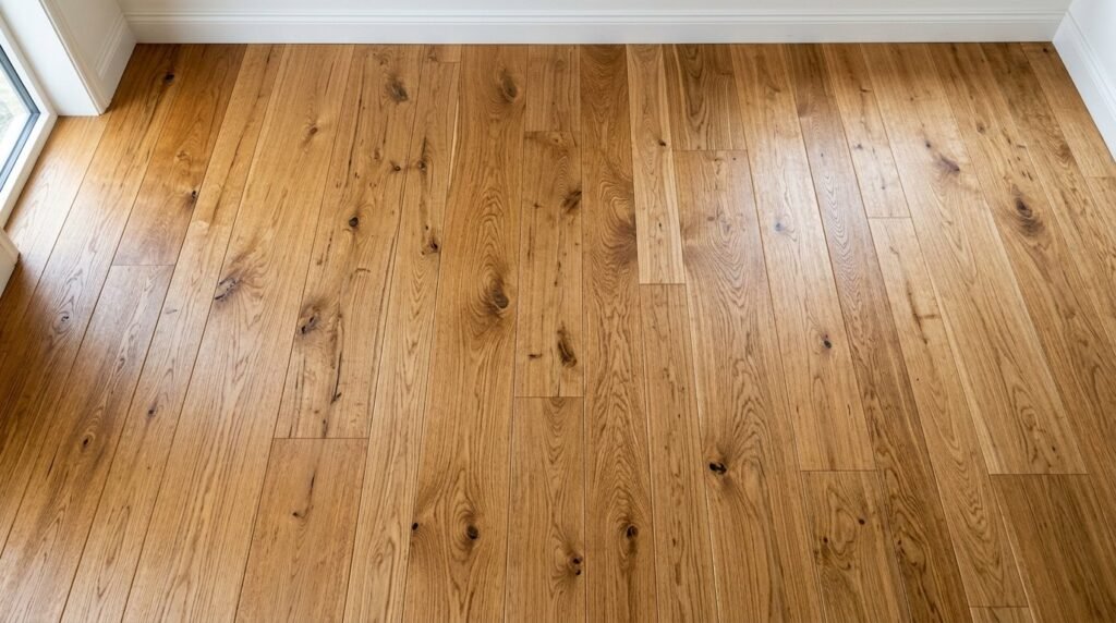 A craftsman carefully laying down high-quality hardwood flooring planks during a professional home renovation project.