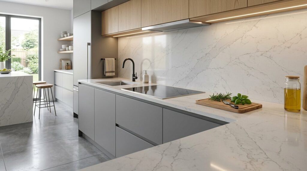Close up of a modern kitchen showing seamless quartz backsplash matching the countertop surface.