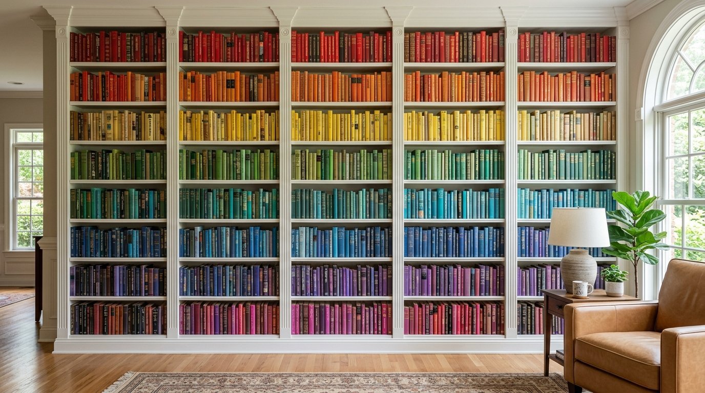 Five tall white bookcases filled with hardback books arranged in a rainbow spectrum beside a leather armchair.