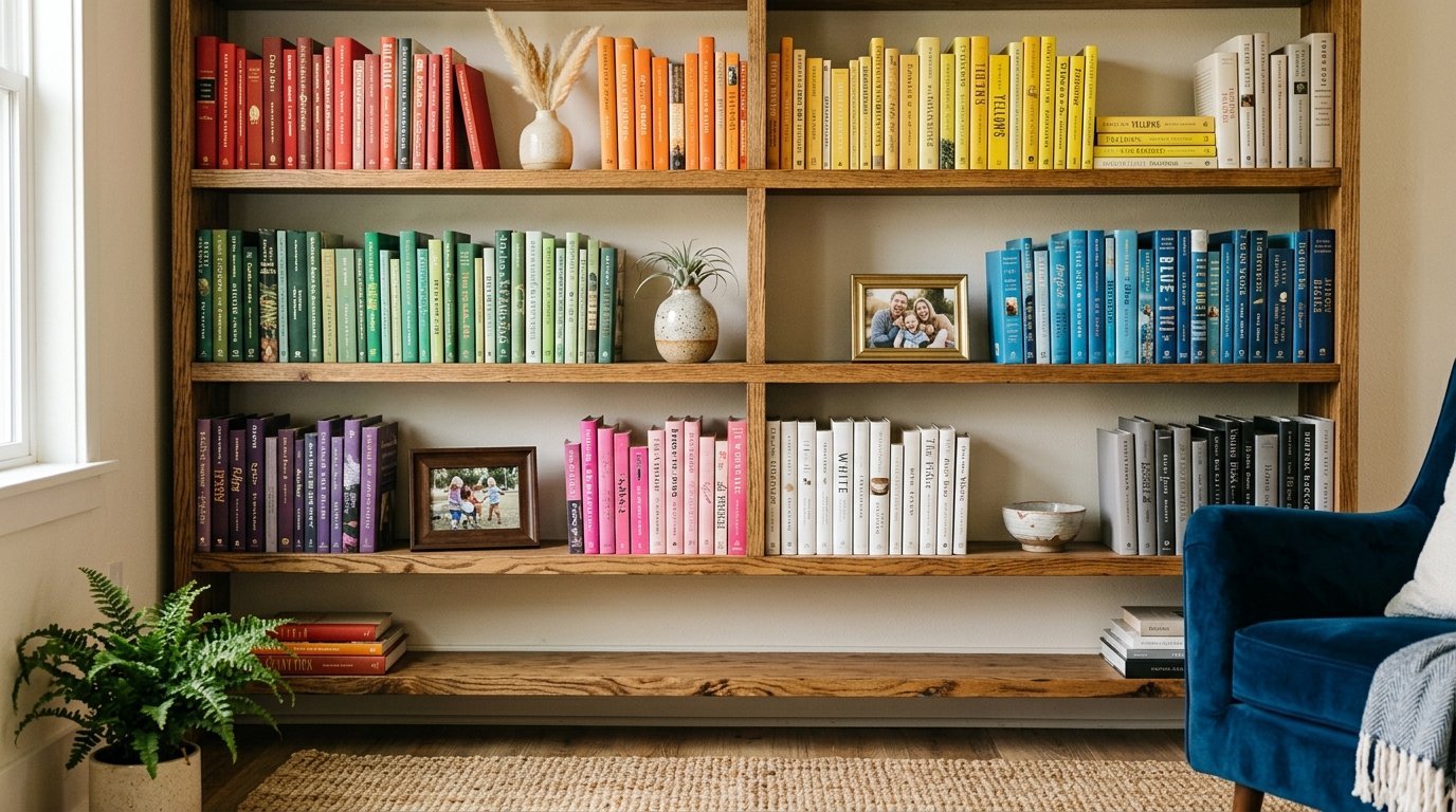 Wooden bookcase filled with books arranged by color, featuring decorative plants, family photos, and a blue velvet chair.
