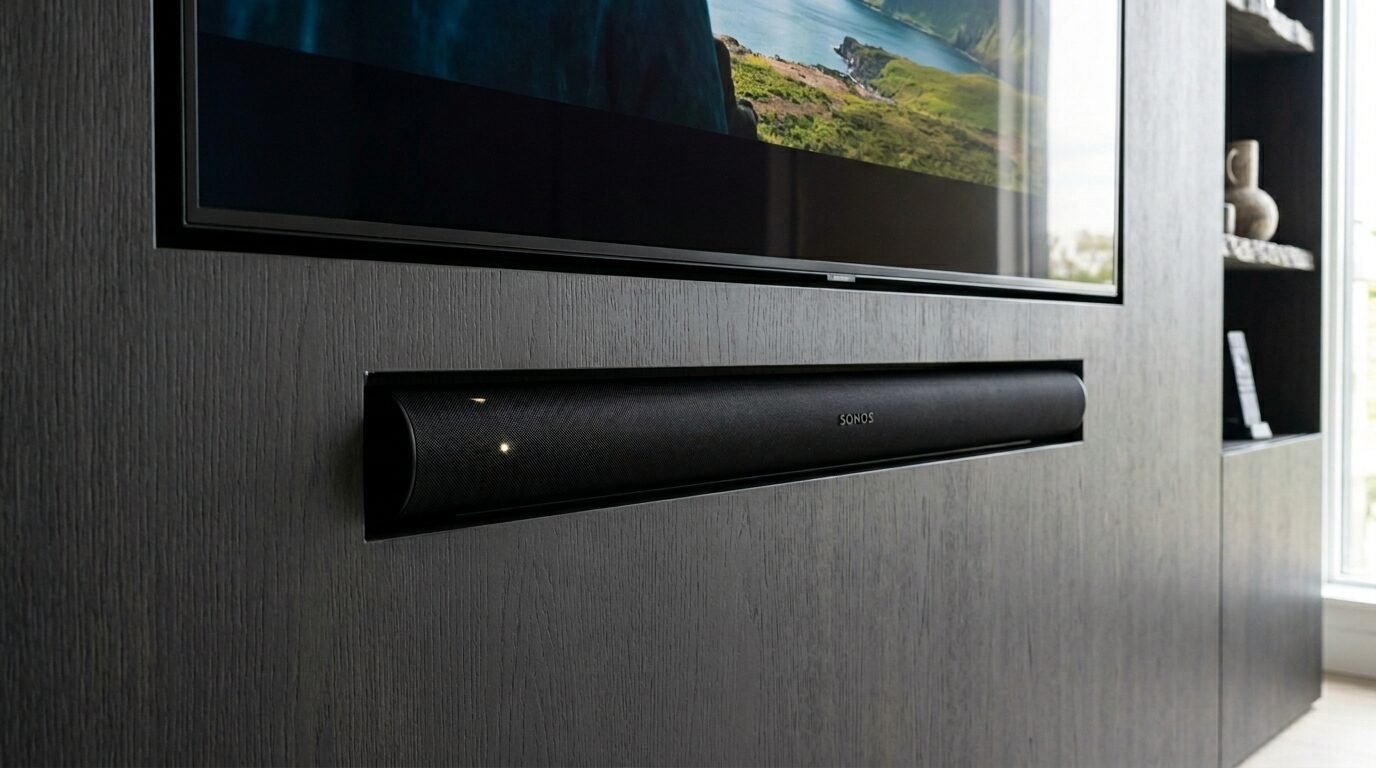 Close-up of a Sonos soundbar mounted flush within a custom dark wood media console wall.