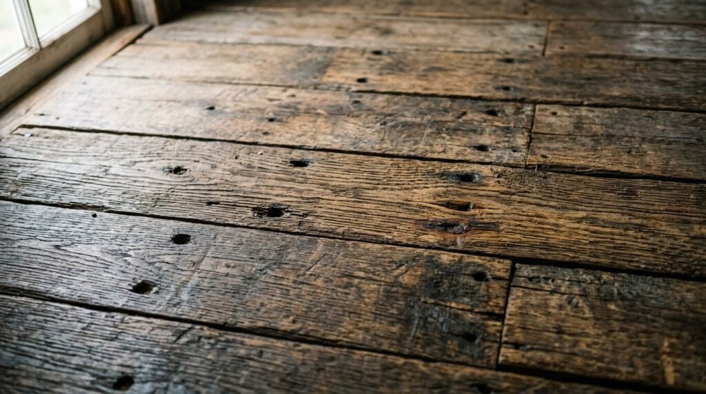Detailed texture view of weathered reclaimed oak planks showing natural wood grain and rustic character.