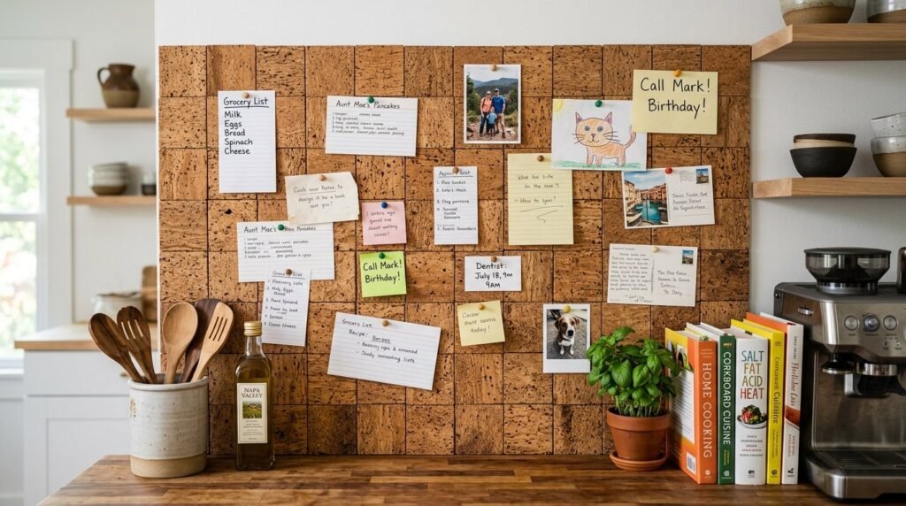 Close up view of high quality sustainable cork flooring tiles arranged in a room.