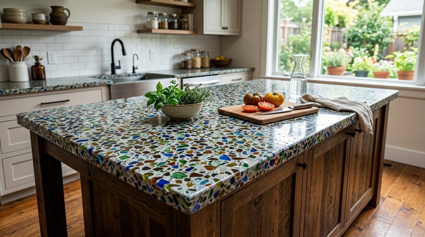 Close up of a kitchen island with a confetti style glass countertop, fresh herbs, and sliced tomatoes.