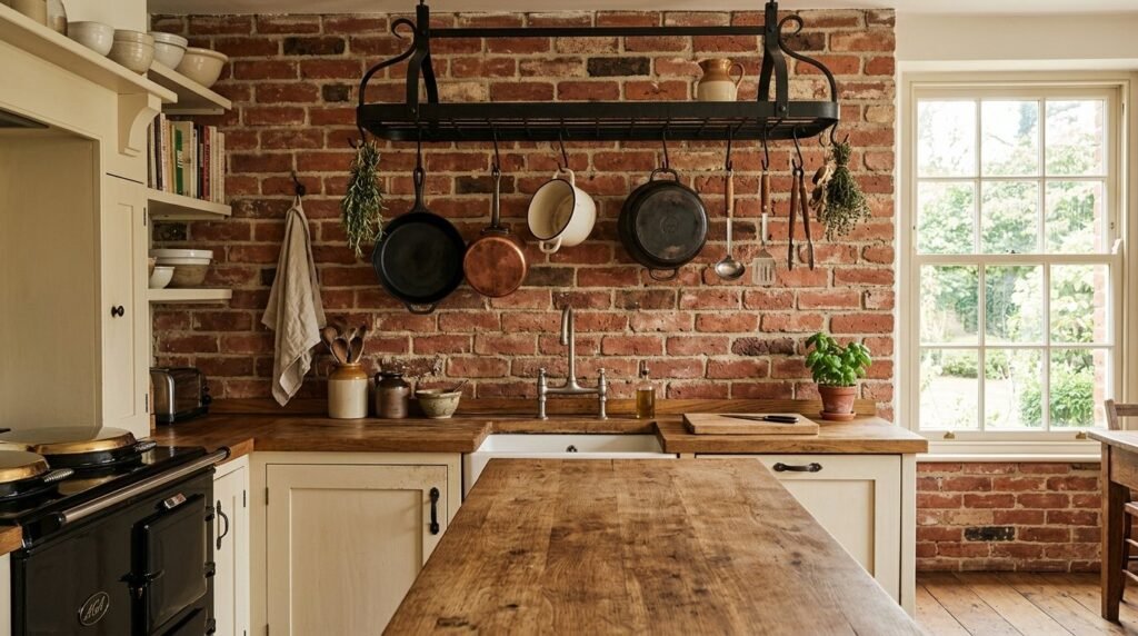 Close up view of a textured red brick backsplash in a modern kitchen setting