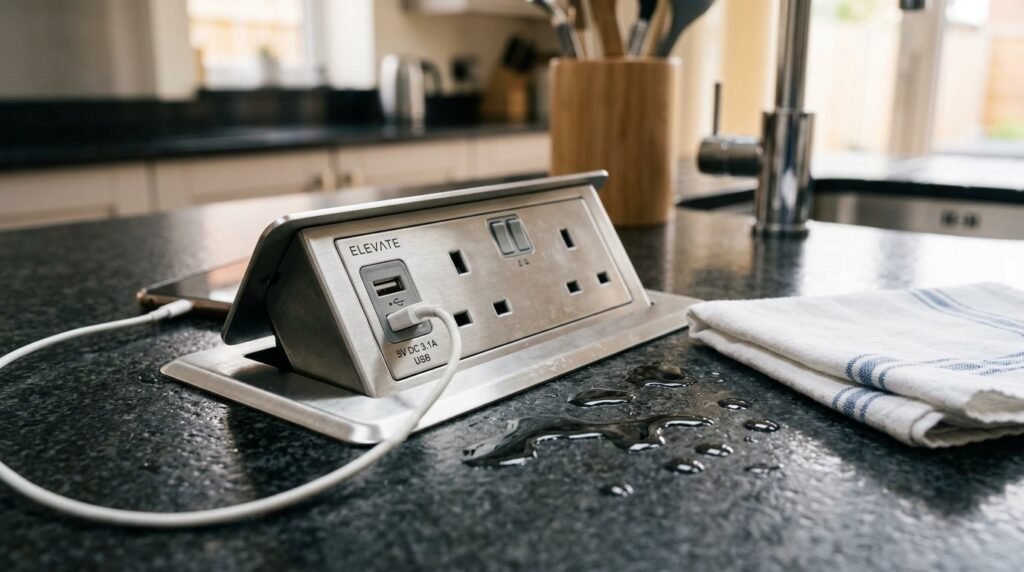 A sleek modern pop up power socket installed in a kitchen countertop surface.
