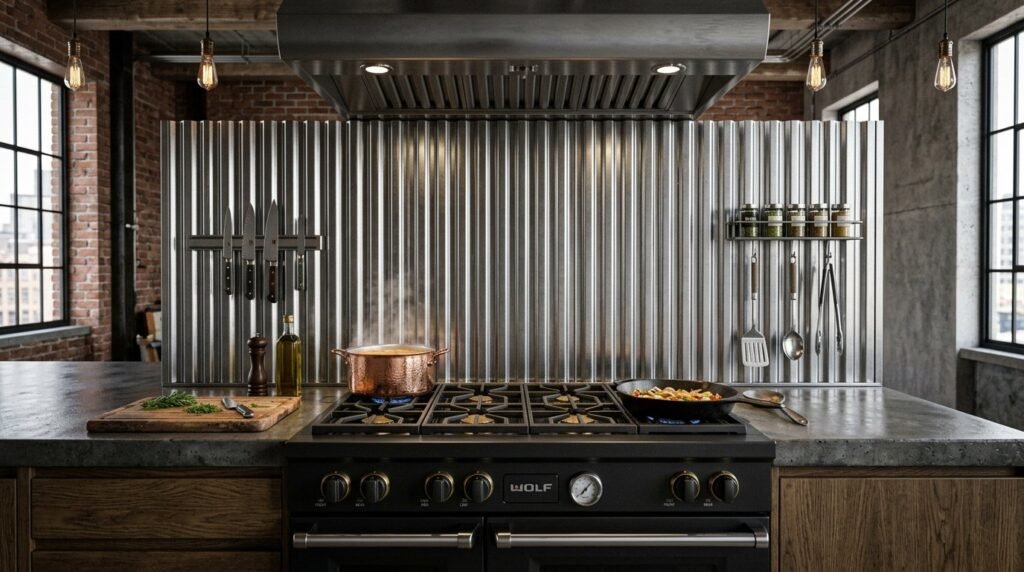 A detailed close-up shot showing the geometric texture of ribbed stainless steel sheets.