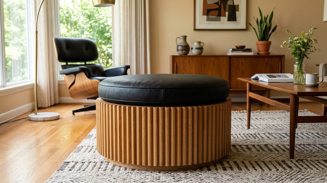 Round wooden ottoman with a vertical slatted base and black leather top in a mid-century modern living room.