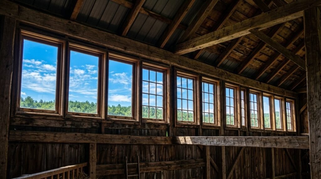 A symmetrical row of clerestory windows illuminating a modern interior space with soft natural light.