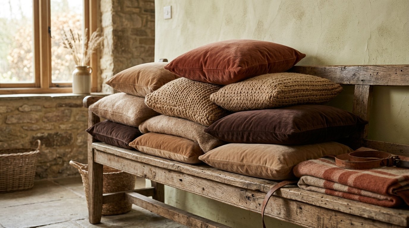 Collection of velvet and knitted cushions in warm earthy tones arranged on a weathered timber bench in a stone room.