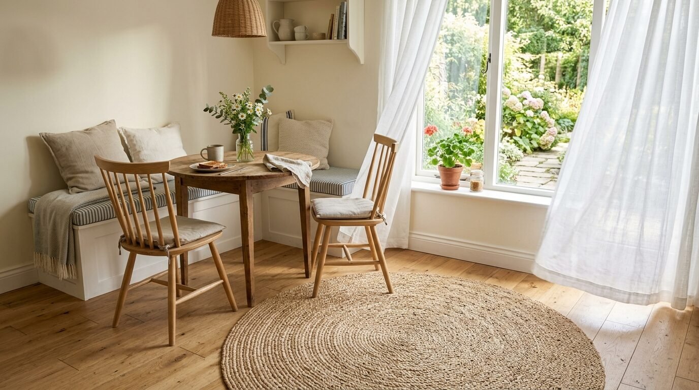 A wooden circular table and chairs inside a bright breakfast nook with white curtains and a woven rug.