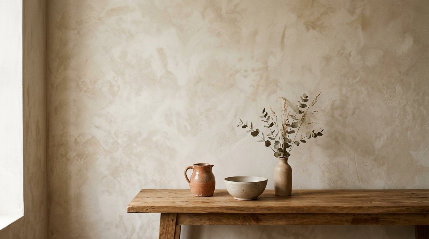 A beige plaster wall backdrop with a handmade clay jug, ceramic bowl, and dried eucalyptus branches on a rustic table.